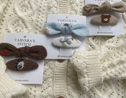 Embroidered Linen Hair Clips – Teddy Bear & Heart Set 🚚 Free Shipping from Ukraine🇺🇦
