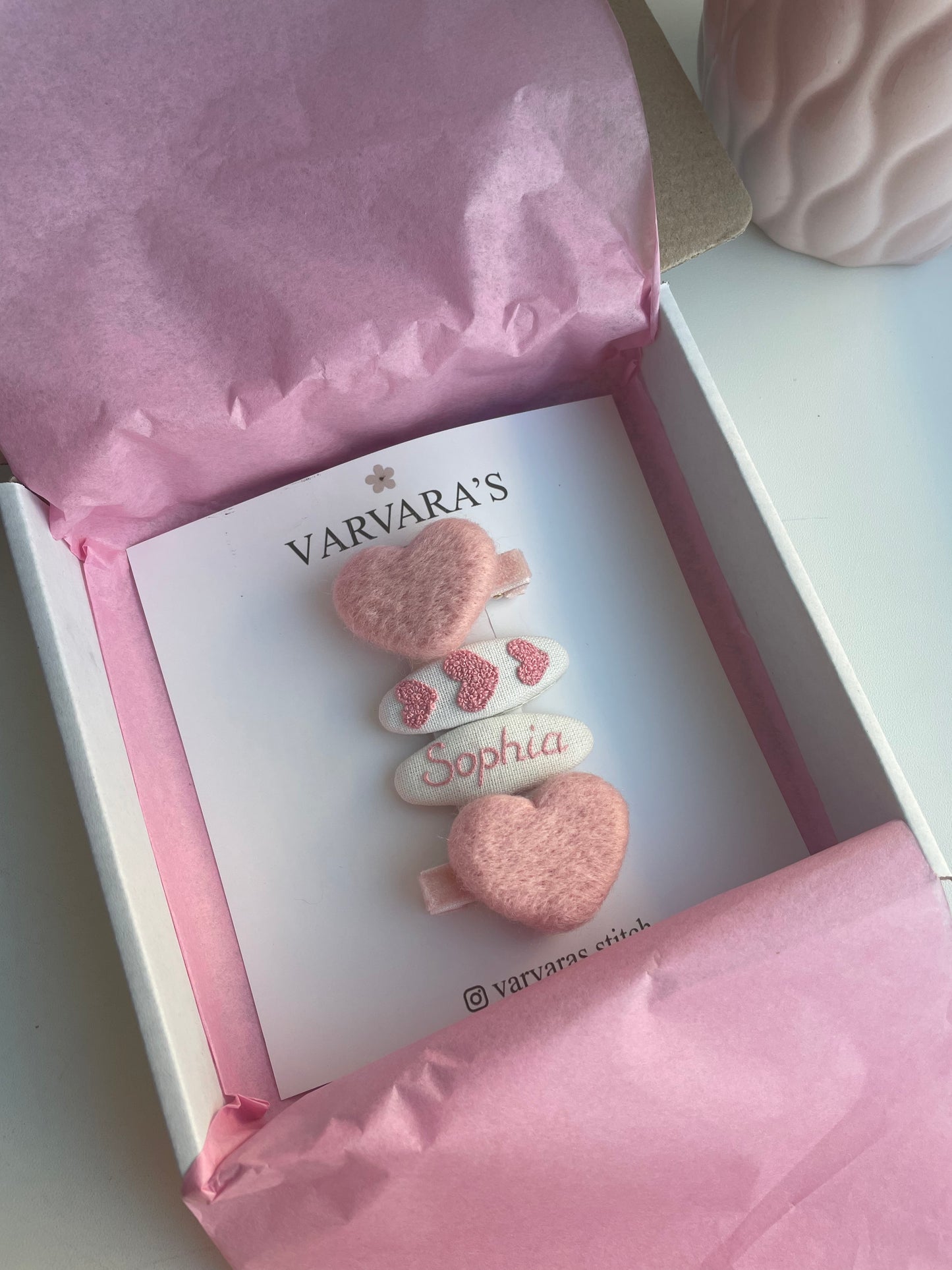 Personalized Hair Clip Set with Name – Linen & Cotton Heart Clips (4 pcs) 🚚 Free shipping