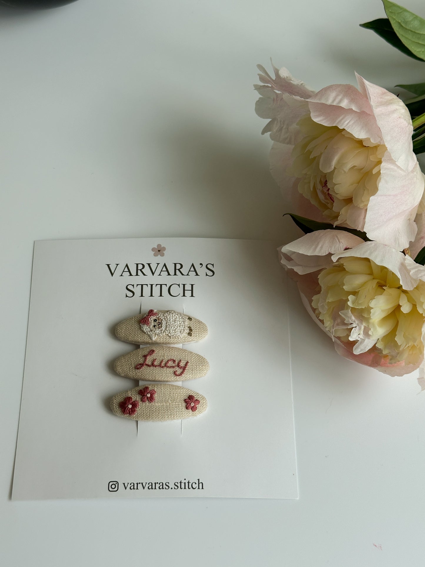Personalized Linen Hair Accessories Set for Toddler Girls | Beige 3 Embroidered Hair Clips & Floral Bow 🎁 🚚 Free Shipping from Ukraine🇺🇦