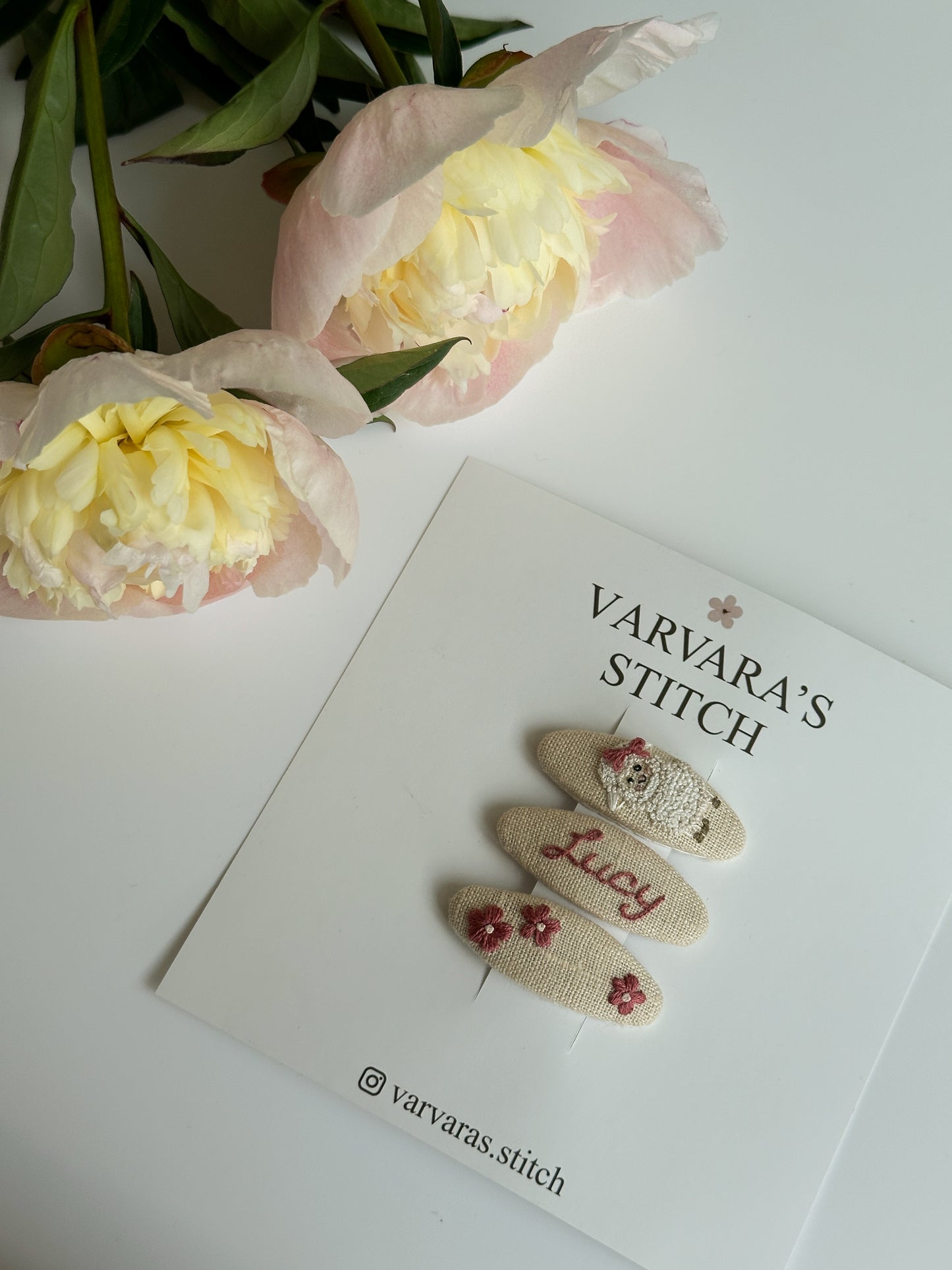 Personalized Linen Hair Accessories Set for Toddler Girls | Beige 3 Embroidered Hair Clips & Floral Bow 🎁 🚚 Free Shipping from Ukraine🇺🇦