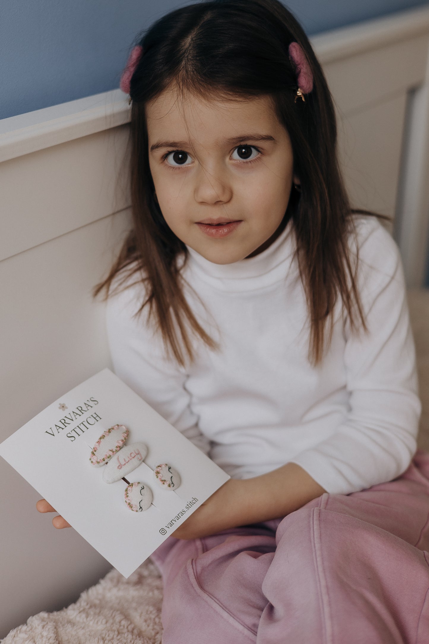 Personalized Hair Clip Set for Girls – Name Clip + Floral Embroidered Clip & 2 Hair Ties/ Free Shipping