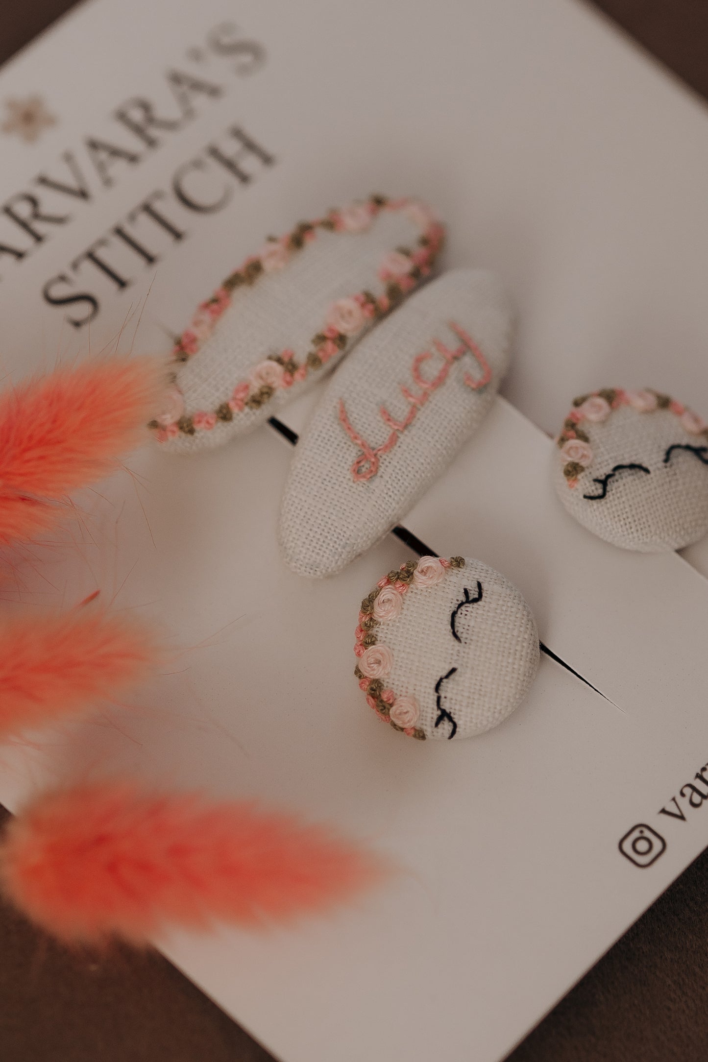 Personalized Hair Clip Set for Girls – Name Clip + Floral Embroidered Clip & 2 Hair Ties/ Free Shipping