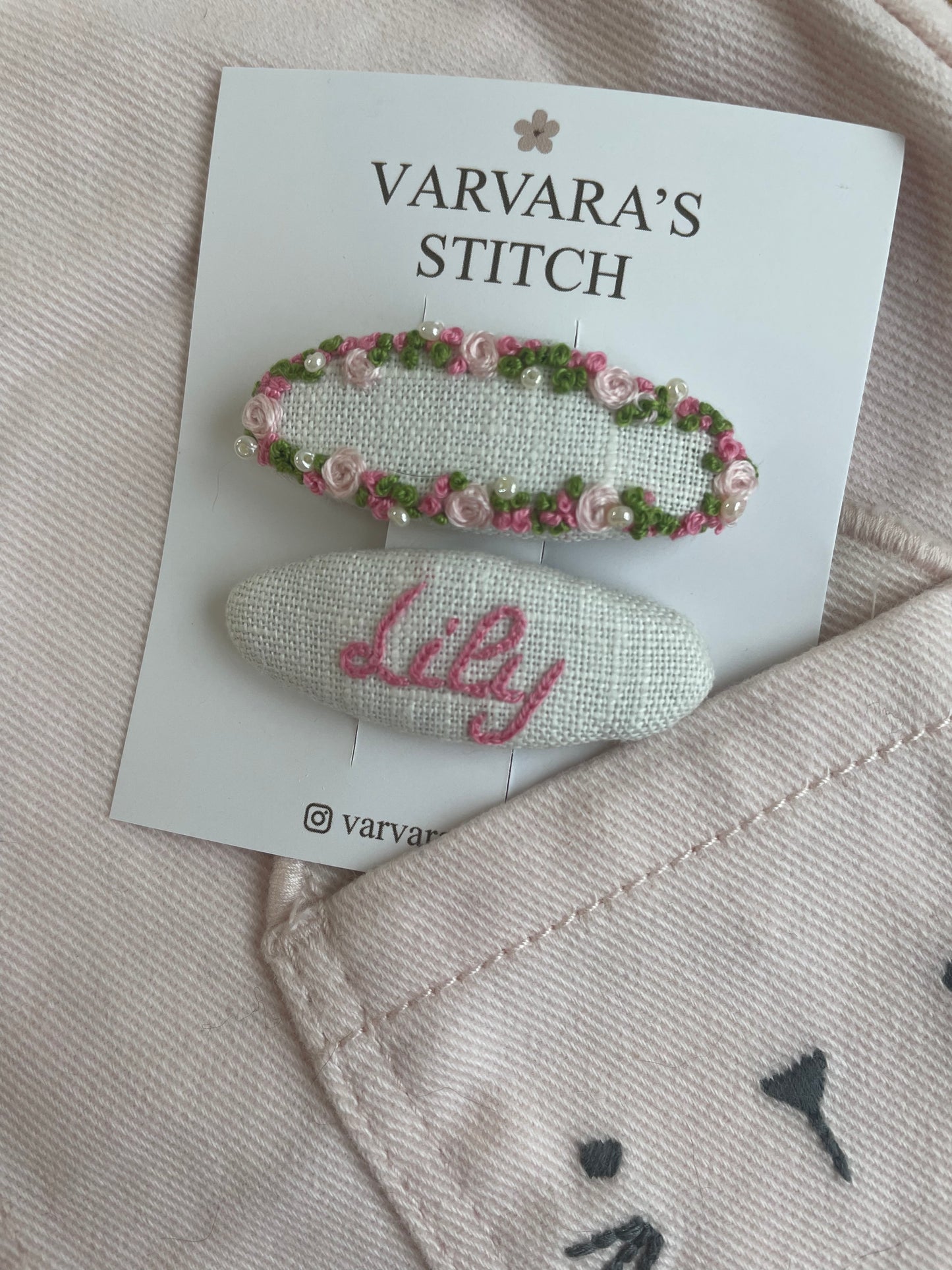 Personalized Hair Clip Set for Girls – Name Clip + Floral Hand Embroidered Clip & 2 Hair Ties/ Free Shipping