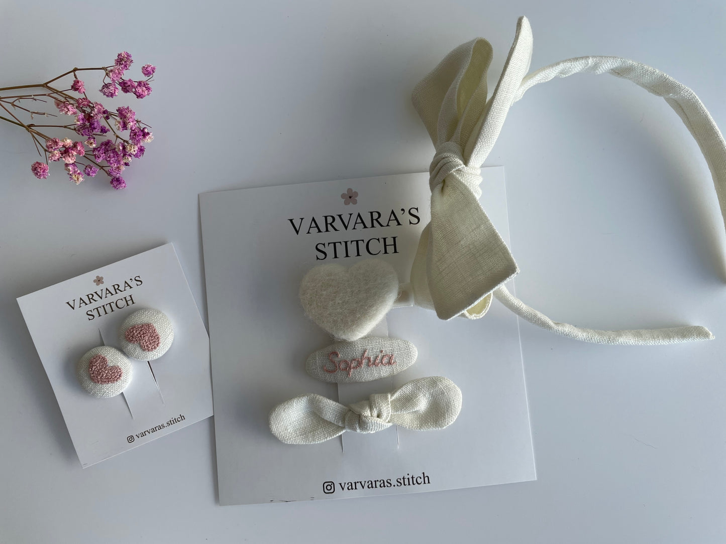 Luxury Personalized Linen Hair Accessories Gift Set for Girls – Headband, Bow Clip & Embroidered Heart Clips