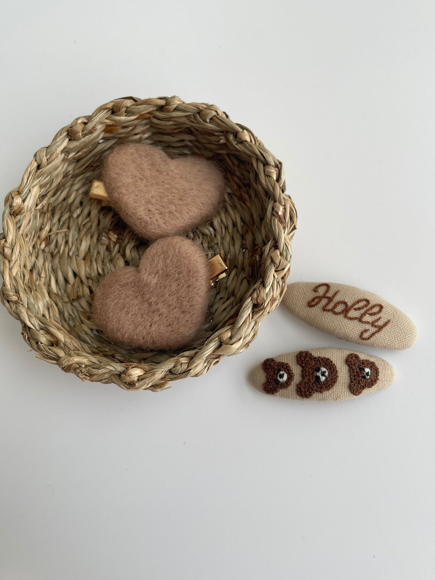 Personalized Hair Clip Set with Name – Linen & Cotton Heart Clips (4 pcs) 🚚 Free shipping