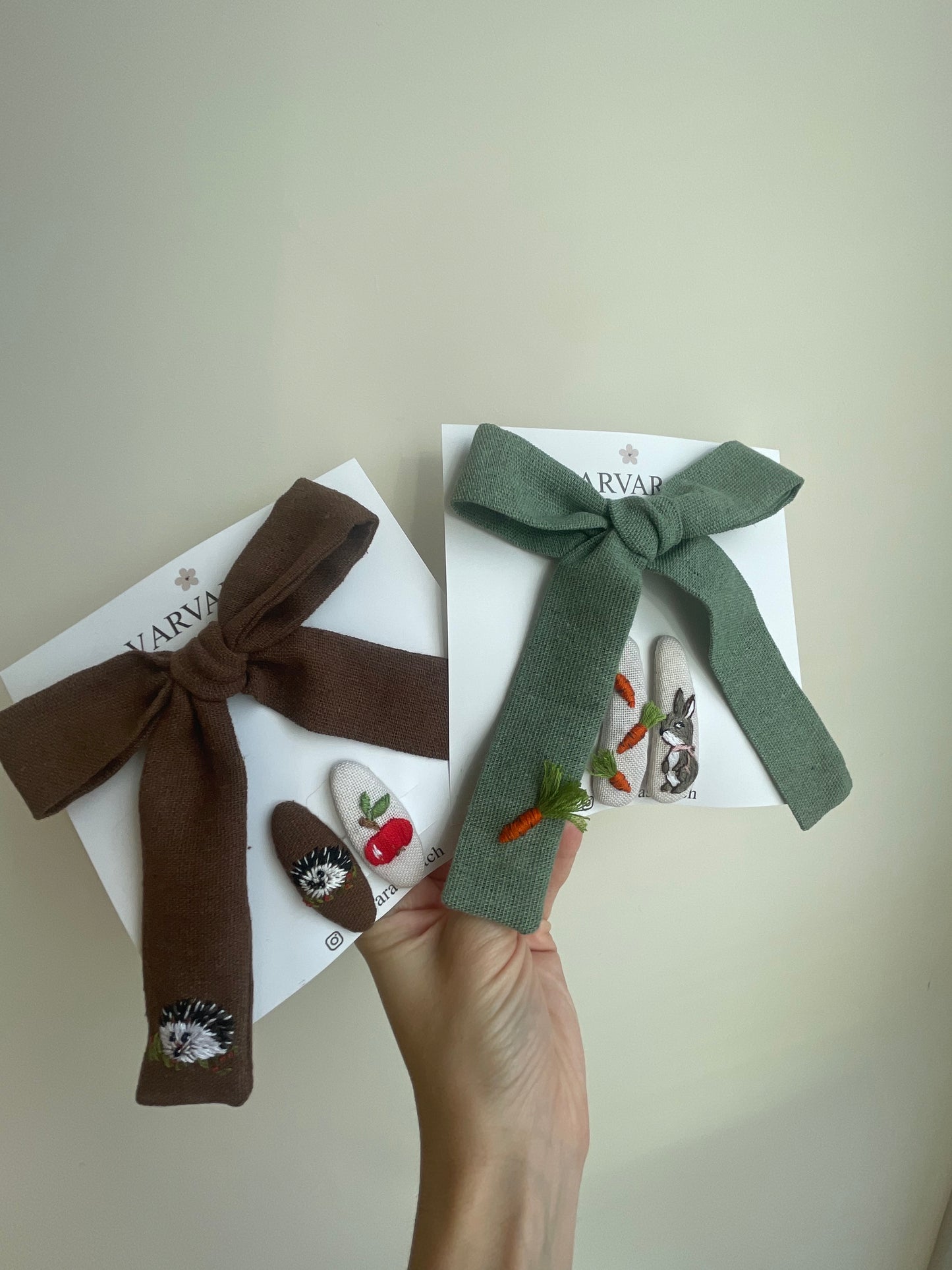 Handmade Embroidered Linen Hair Bows Set – Forest Animals | Baby & Toddler Girl Hair Accessories 🚚 Free Shipping