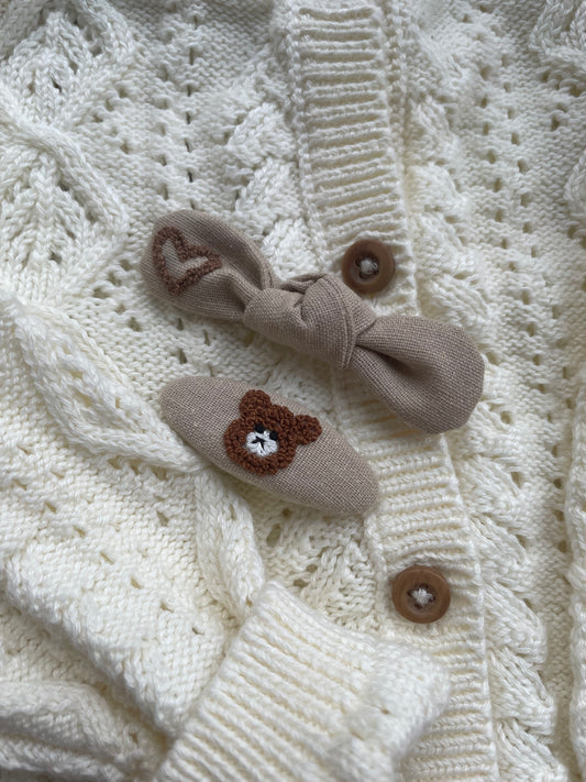 Embroidered Linen Hair Clips – Teddy Bear & Heart Set 🚚 Free Shipping