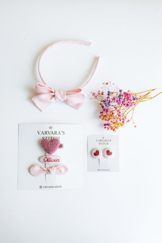 Luxury Personalized Linen Hair Accessories Gift Set for Girls – Headband, Bow Clip & Embroidered Heart Clips
