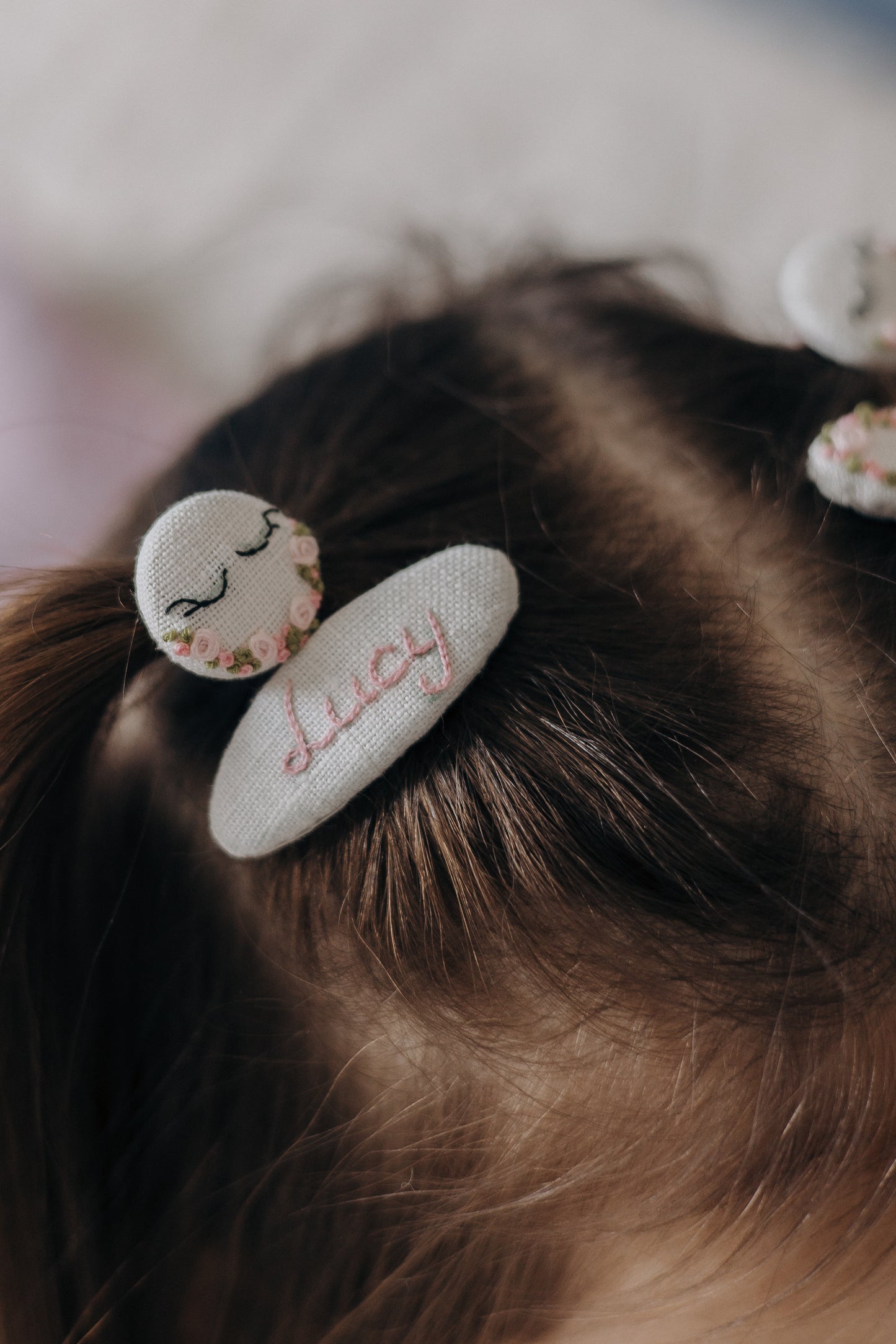 Personalized Hair Clip Set for Girls – Name Clip + Floral Embroidered Clip & 2 Hair Ties/ Free Shipping