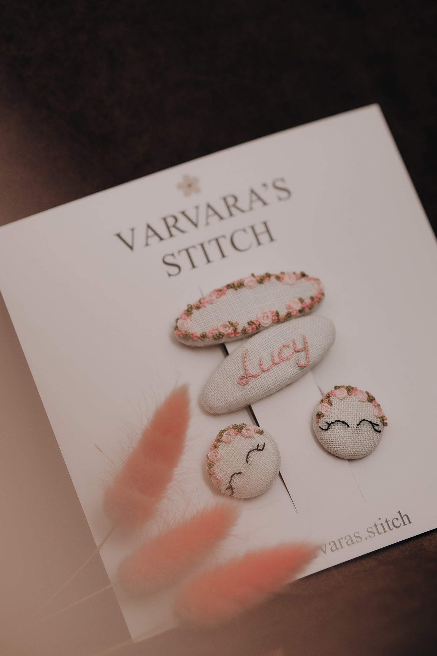 Personalized Hair Clip Set for Girls – Name Clip + Floral Embroidered Clip & 2 Hair Ties/ Free Shipping