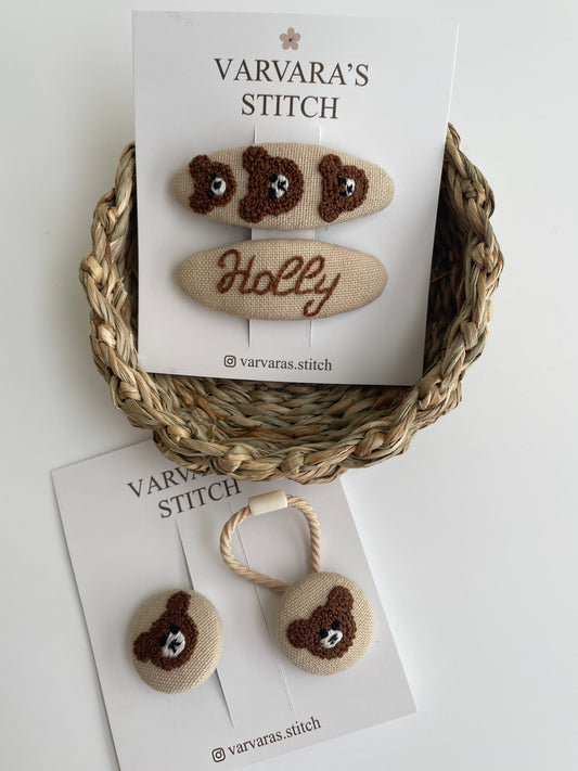 Personalized Teddy Bear Hair Clips & Hair Ties Set for Girls | Handmade Children’s Hair Accessories  🚚 Free Shipping from Ukraine🇺🇦