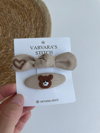 Embroidered Linen Hair Clips – Teddy Bear & Heart Set 🚚 Free Shipping from Ukraine🇺🇦