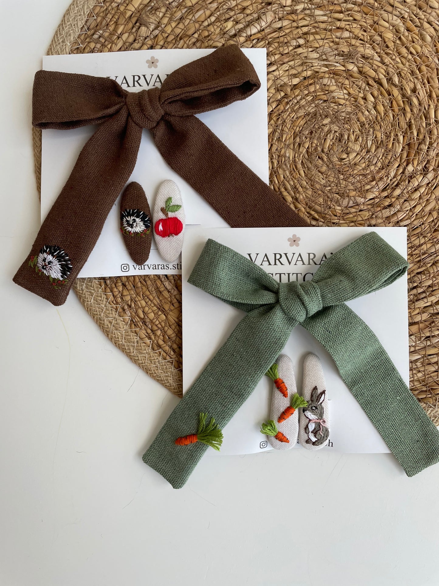 Handmade Embroidered Linen Hair Bows Set – Forest Animals | Baby & Toddler Girl Hair Accessories 🚚 Free Shipping