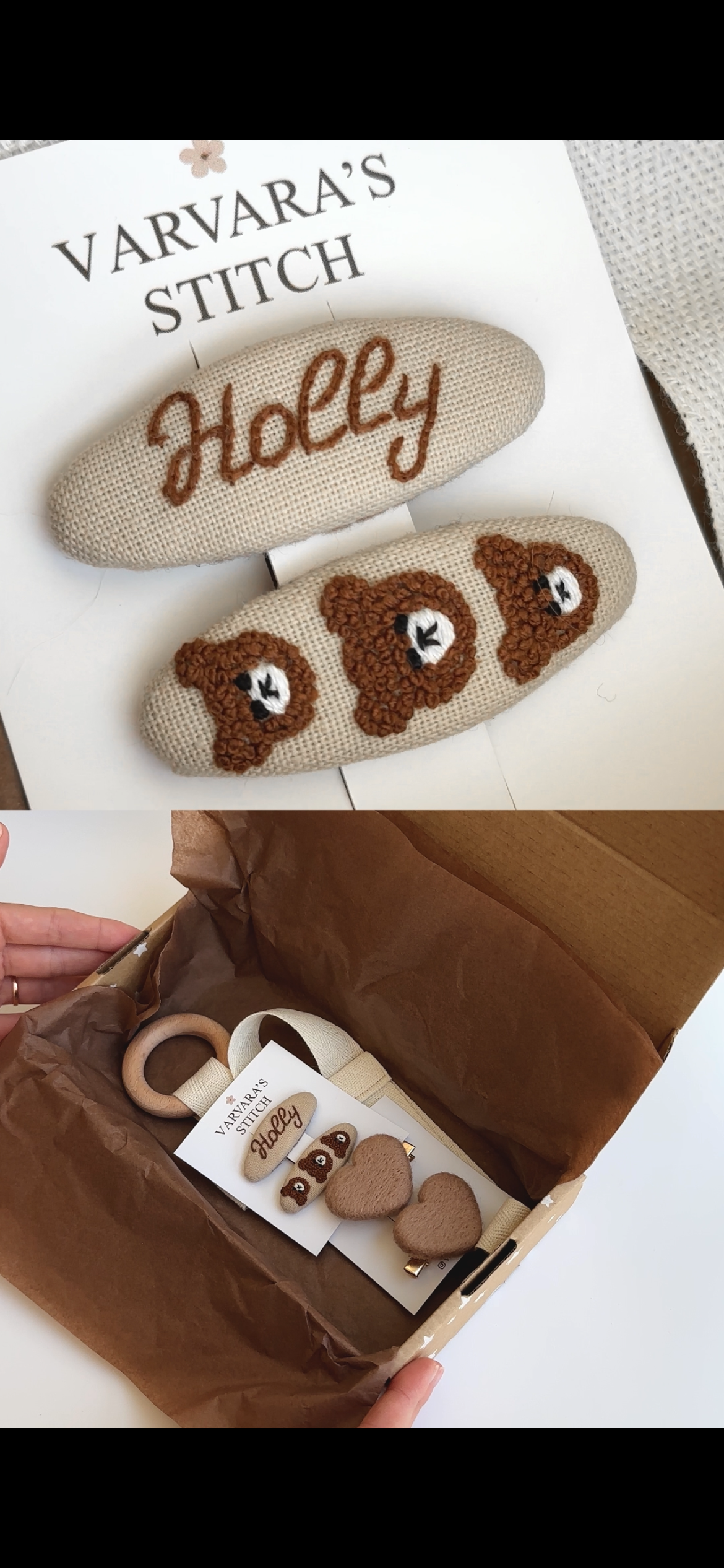 Personalized Baby Hair Clips Gift Set with Hanging Organizer, Brown Wool Heart Clips , Embroidered Name Hair Clip, Teddy Bears Clip 🚚 Free Shipping
