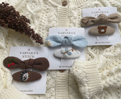 Embroidered Linen Hair Clips – Teddy Bear & Heart Set 🚚 Free Shipping from Ukraine🇺🇦