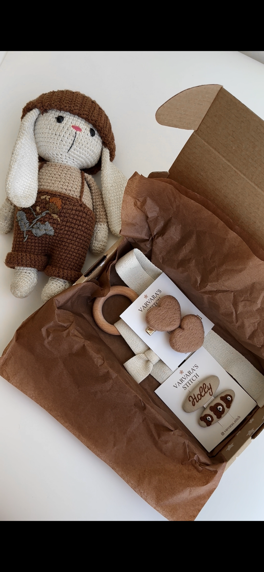 Personalized Baby Hair Clips Gift Set with Hanging Organizer, Brown Wool Heart Clips , Embroidered Name Hair Clip, Teddy Bears Clip 🚚 Free Shipping
