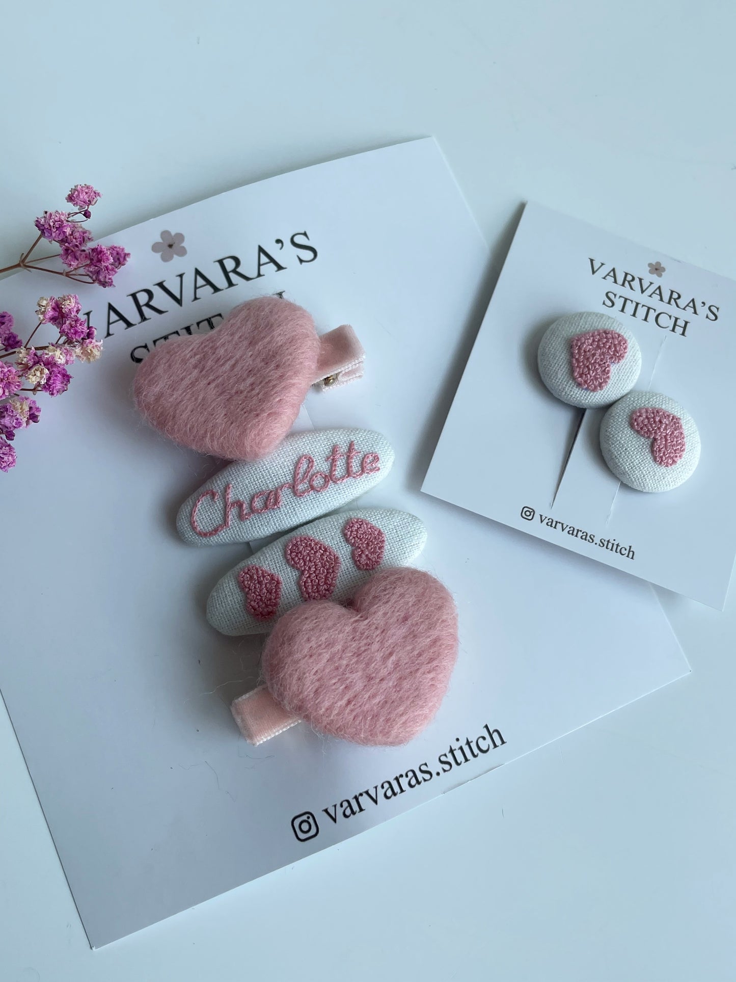Personalized Hair Clip Set with Name – Linen & Cotton Heart Clips (4 pcs) 🚚 Free shipping