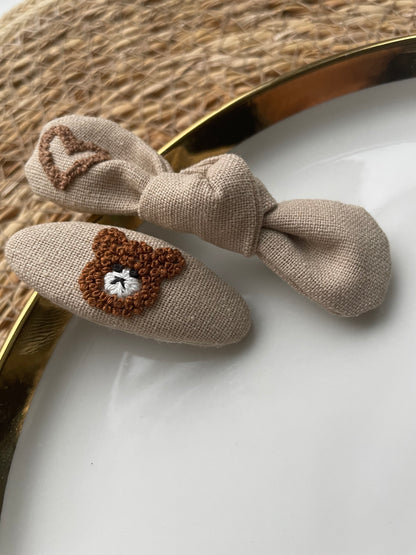 Embroidered Linen Hair Clips – Teddy Bear & Heart Set 🚚 Free Shipping from Ukraine🇺🇦