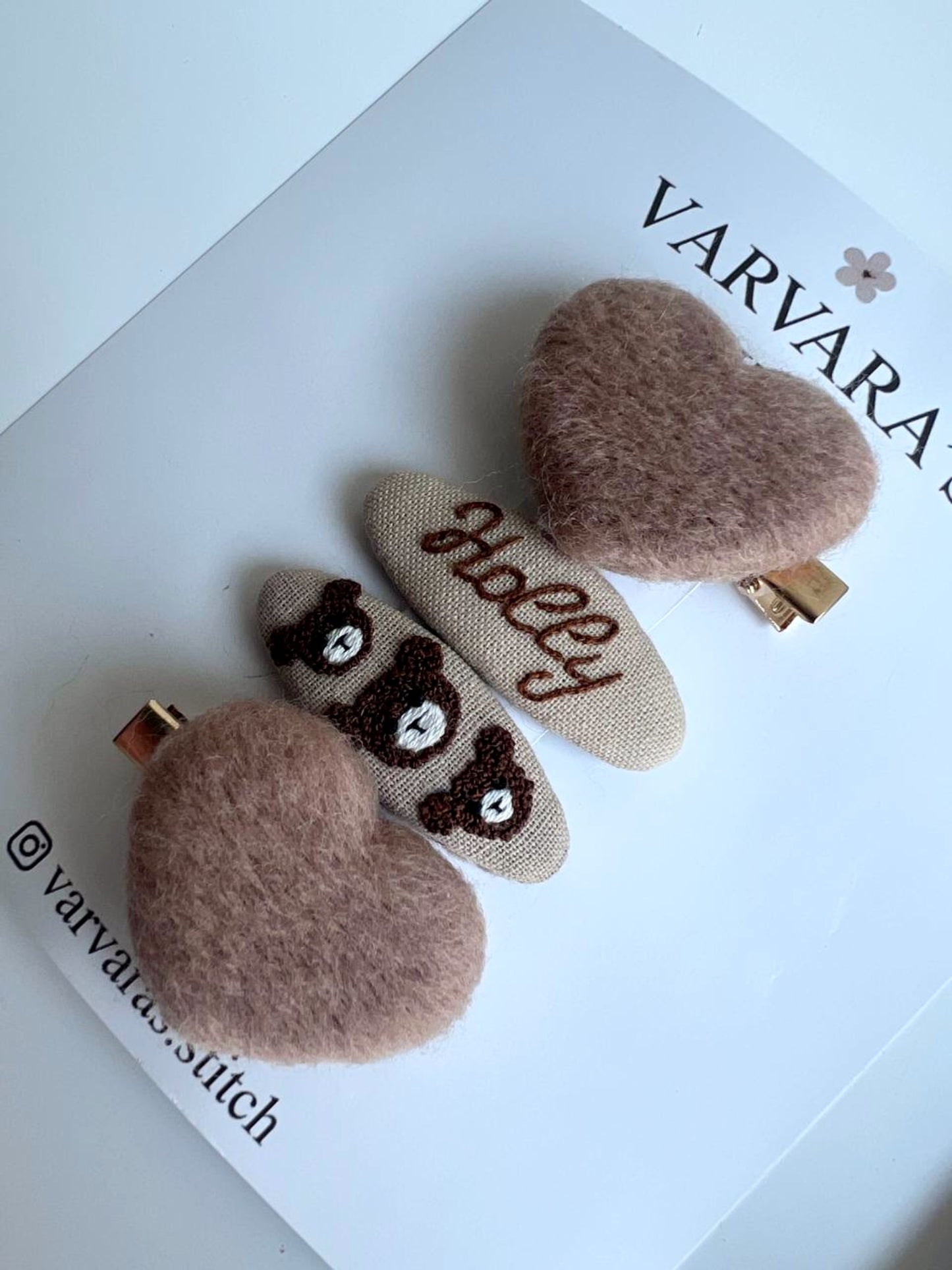 Personalized Hair Clip Set with Name – Linen & Cotton Heart Clips (4 pcs) 🚚 Free shipping