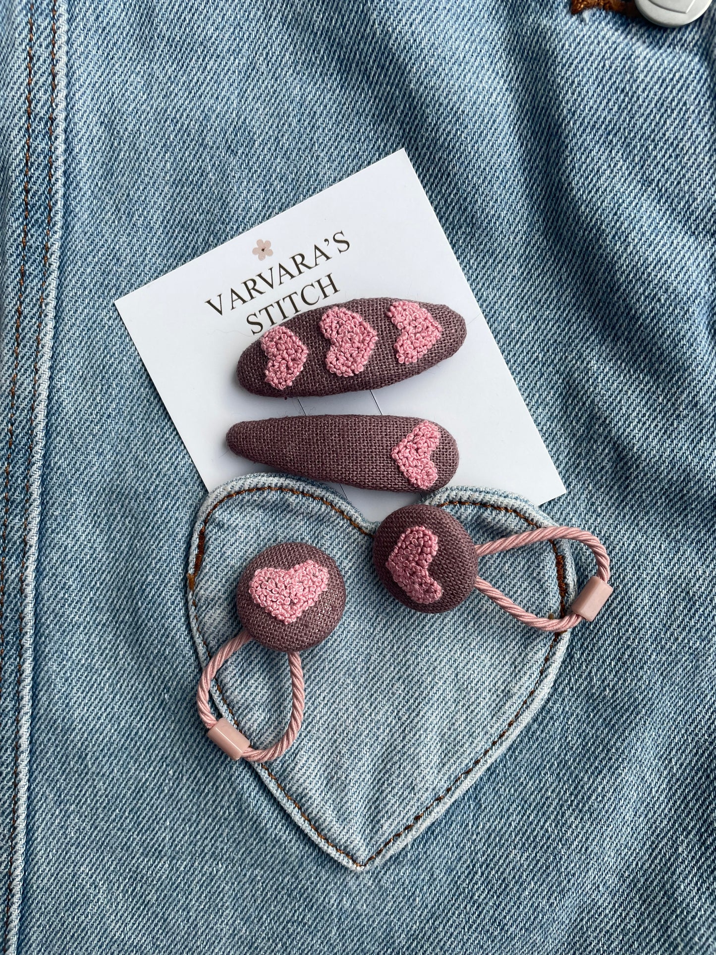 Pink Heart Embroidered Linen Hair Clip & Tie Set: Handmade Toddler Girl Gift 🚚 Free Shipping from Ukraine🇺🇦