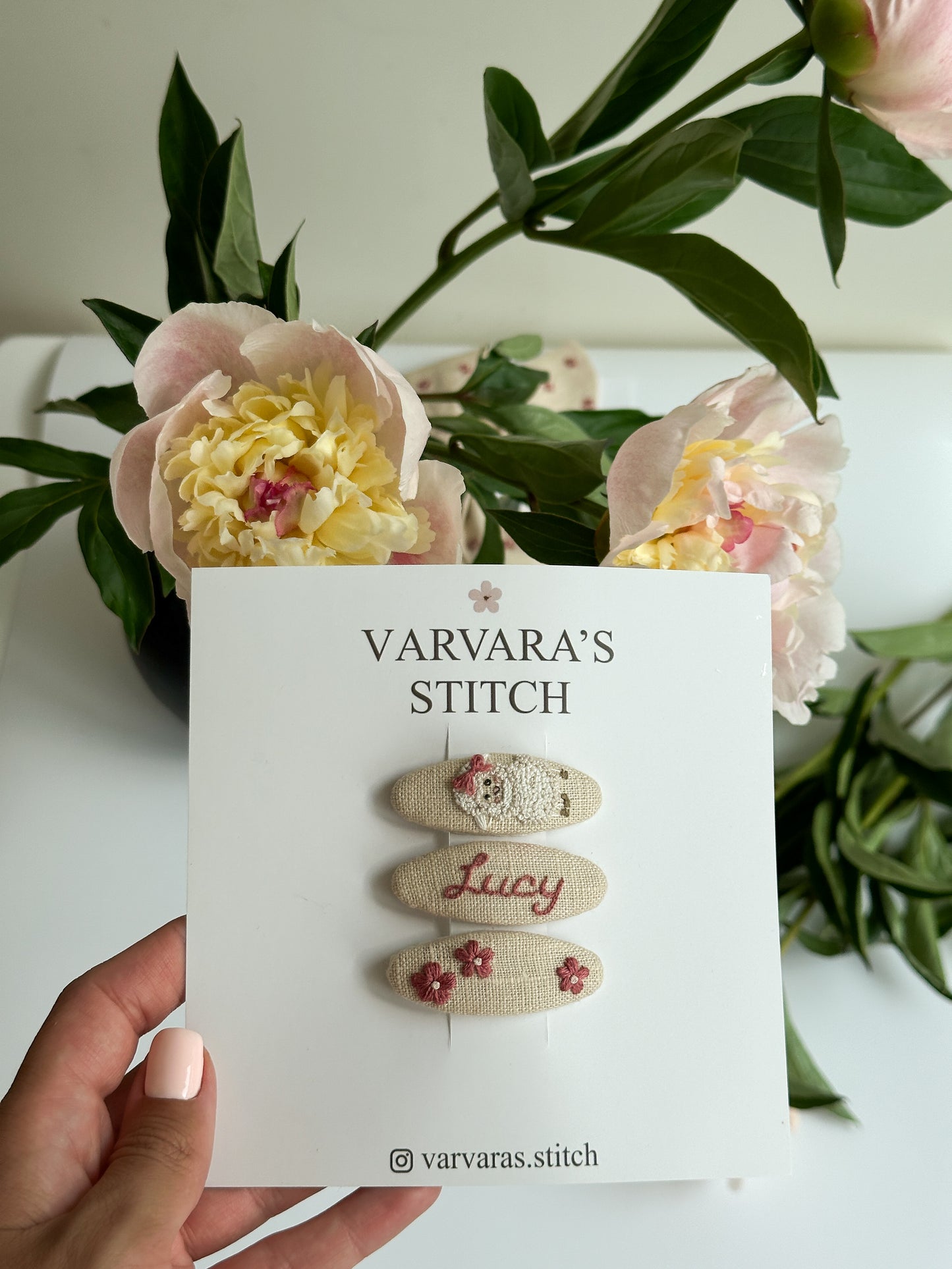 Personalized Linen Hair Accessories Set for Toddler Girls | Beige 3 Embroidered Hair Clips & Floral Bow 🎁 🚚 Free Shipping from Ukraine🇺🇦
