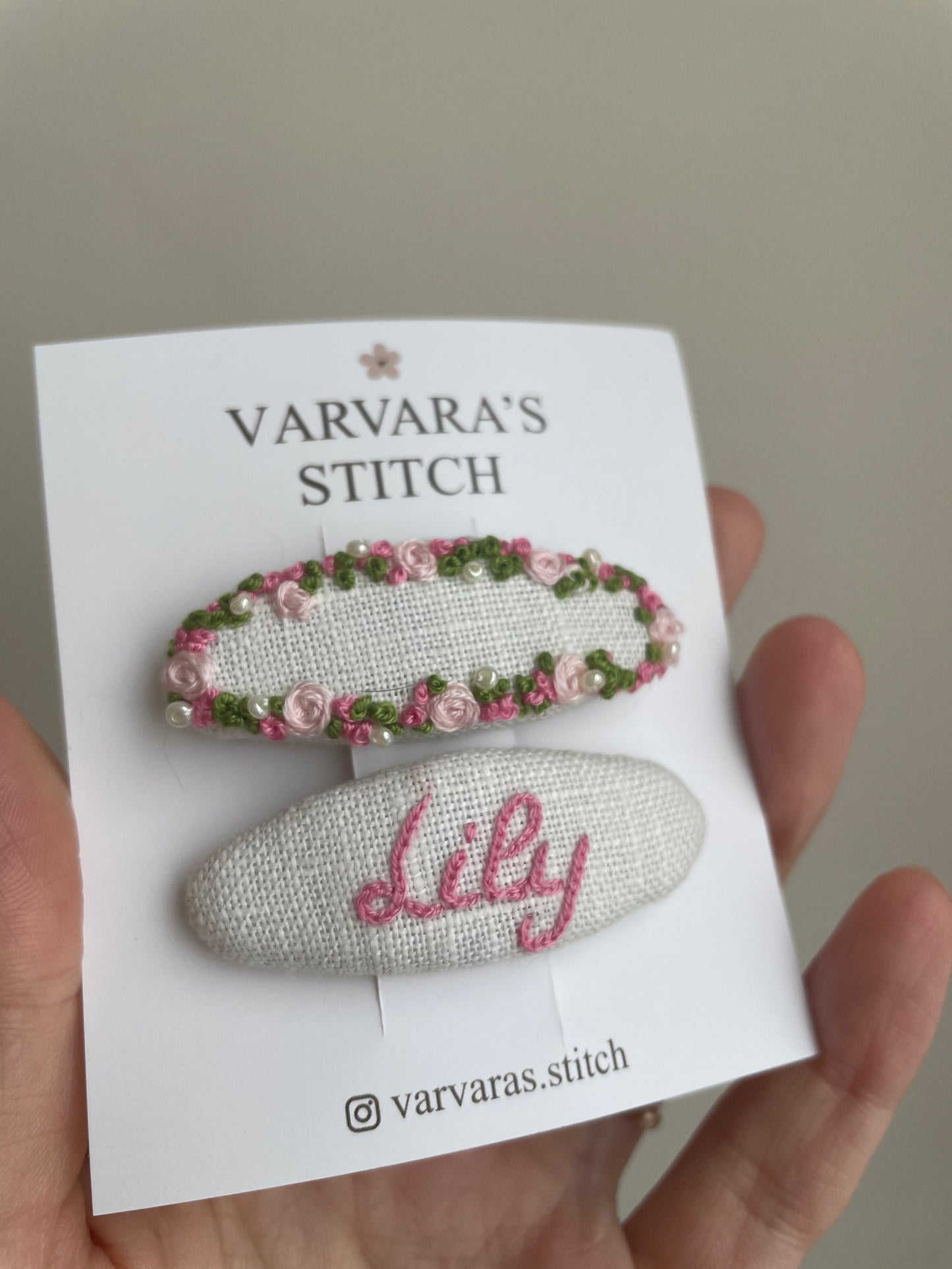Personalized Hair Clip Set for Girls – Name Clip + Floral Hand Embroidered Clip & 2 Hair Ties/ Free Shipping