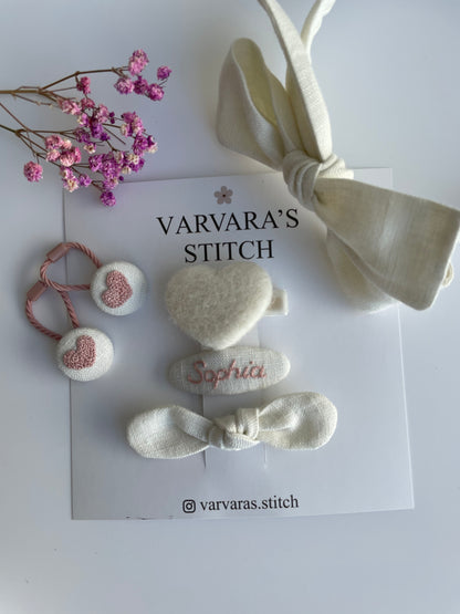 Luxury Personalized Linen Hair Accessories Gift Set for Girls – Headband, Bow Clip & Embroidered Heart Clips