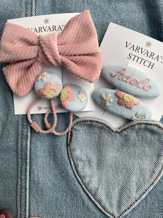 Personalized Embroidered Hair Accessories Set , Linen Hair Clips with Name, Bow & Ties , Baby Girl Gift 🚚 Free Shipping from Ukraine🇺🇦