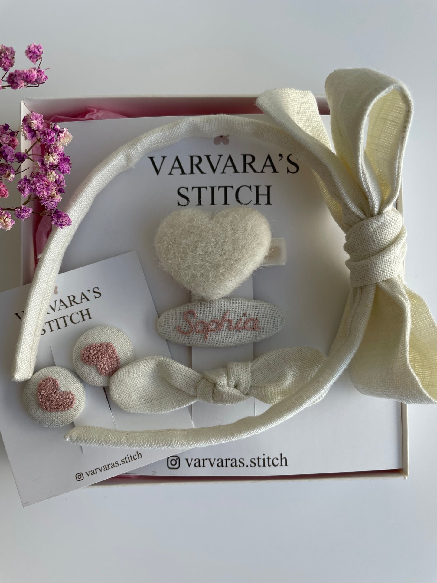 Luxury Personalized Linen Hair Accessories Gift Set for Girls – Headband, Bow Clip & Embroidered Heart Clips