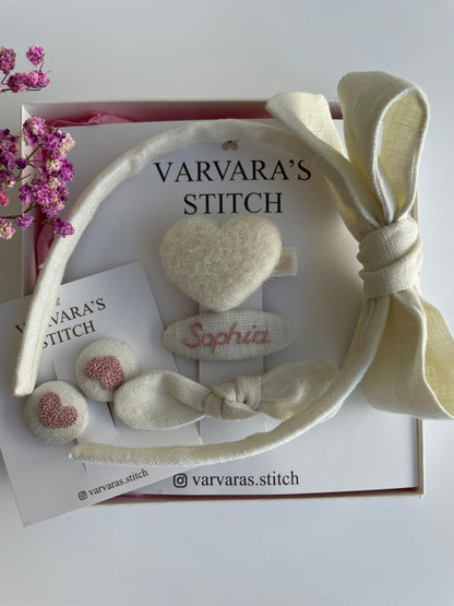 Luxury Personalized Linen Hair Accessories Gift Set for Girls – Headband, Bow Clip & Embroidered Heart Clips