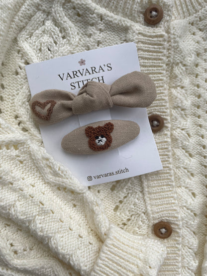 Embroidered Linen Hair Clips – Teddy Bear & Heart Set 🚚 Free Shipping from Ukraine🇺🇦