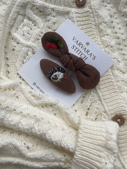 Embroidered Linen Hair Clips – Hedgehog & Raspberry Set 🚚 Free Shipping from Ukraine🇺🇦
