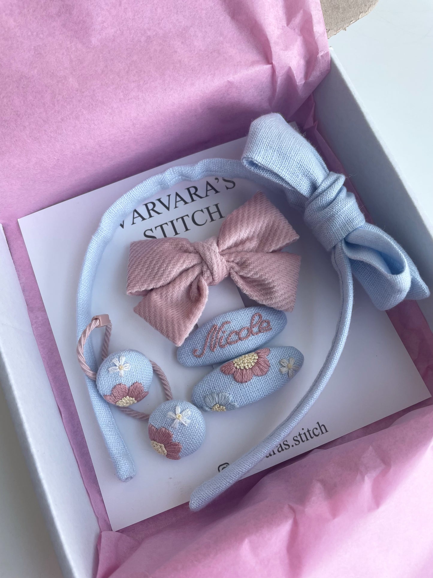 Personalized Embroidered Hair Accessories Set , Linen Hair Clips with Name, Bow, Headband & Ties , Baby Girl Gift 🚚 Free Shipping from Ukraine🇺🇦