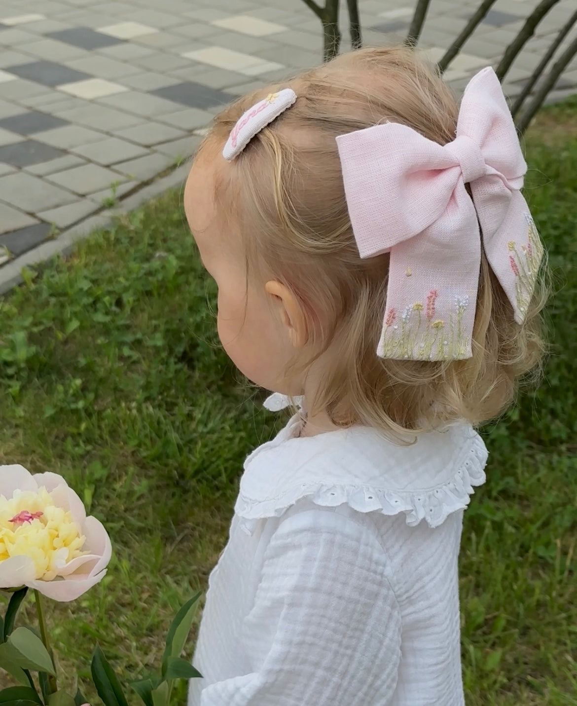 Personalized Linen Hair Accessories Set for Toddler Girls | Pink 3 Embroidered Hair Clips & Wildflower Bow 🎁 🚚 Free Shipping from Ukraine🇺🇦