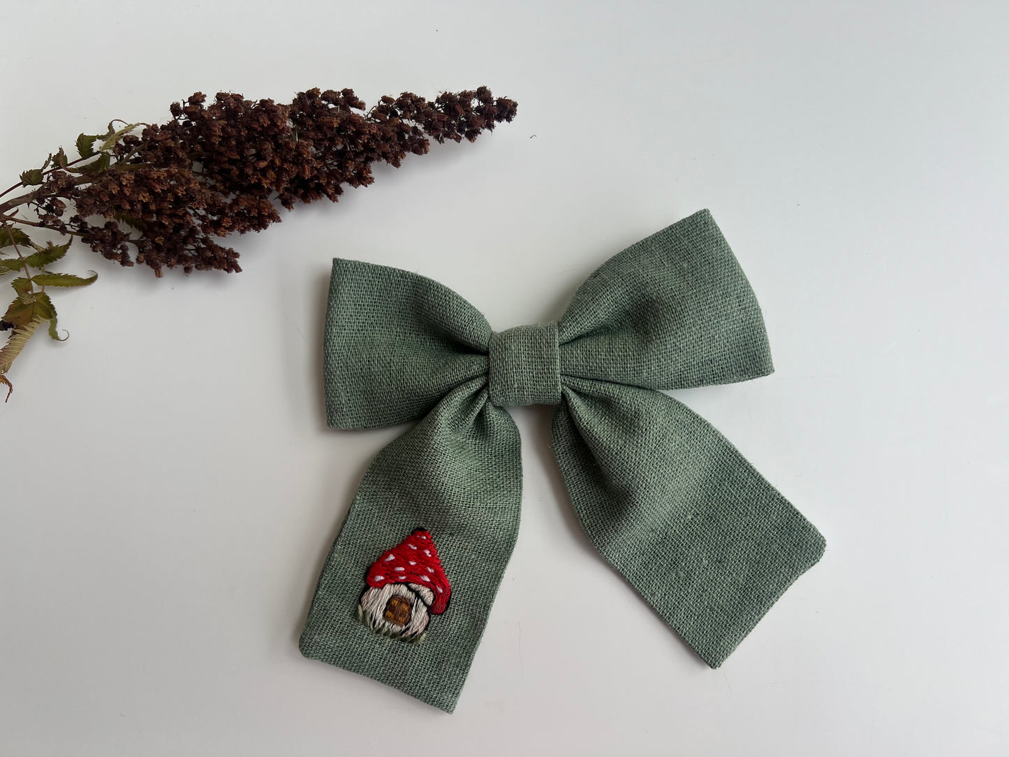 Hand Embroidered Linen Hair Bow - Cupcake, Mushroom, Lemon Designs 🚚 Free Shipping