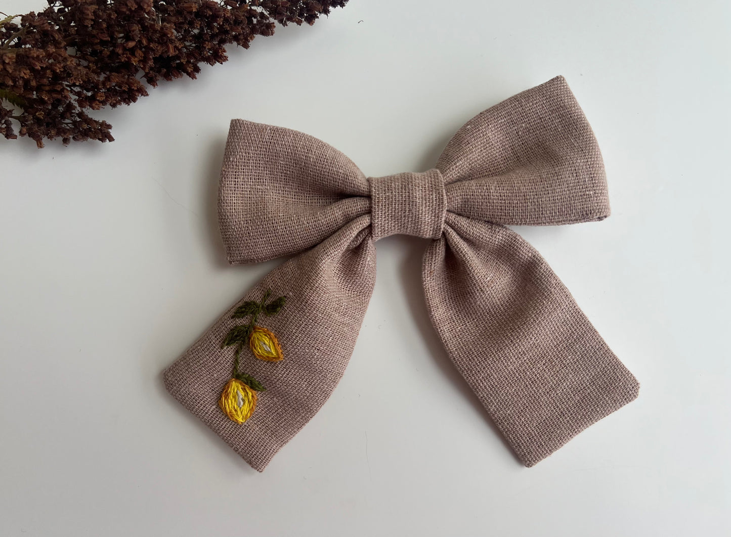 Hand Embroidered Linen Hair Bow - Cupcake, Mushroom, Lemon Designs 🚚 Free Shipping