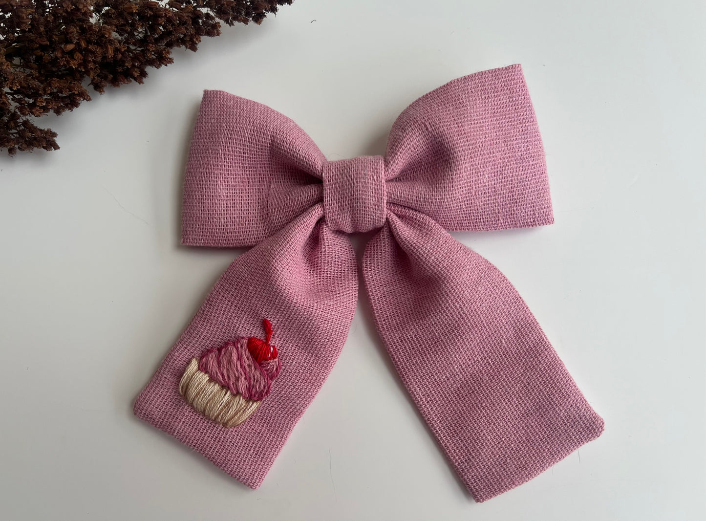 Hand Embroidered Linen Hair Bow - Cupcake, Mushroom, Lemon Designs 🚚 Free Shipping