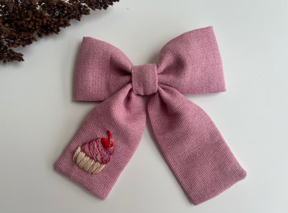 Hand Embroidered Linen Hair Bow - Cupcake, Mushroom, Lemon Designs 🚚 Free Shipping from Ukraine🇺🇦