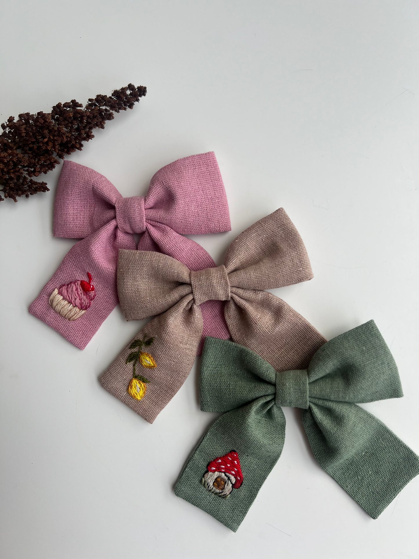 Hand Embroidered Linen Hair Bow - Cupcake, Mushroom, Lemon Designs 🚚 Free Shipping