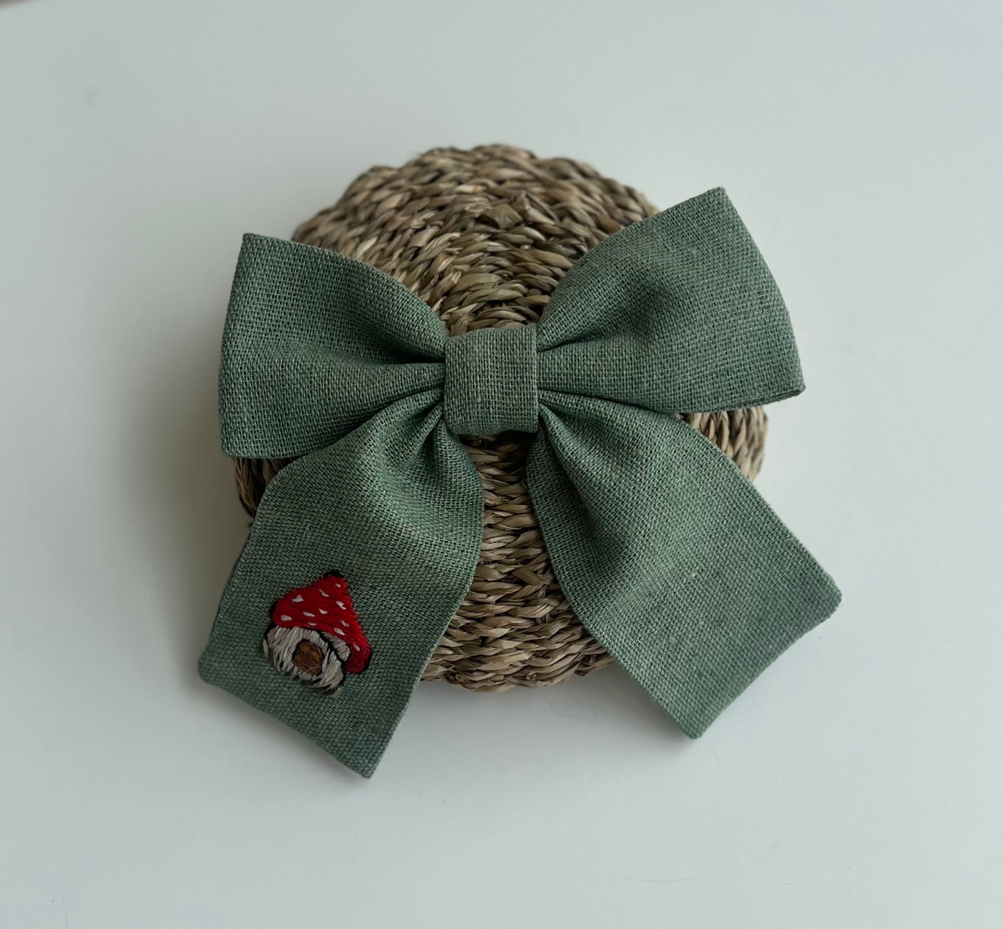 Hand Embroidered Linen Hair Bow - Cupcake, Mushroom, Lemon Designs 🚚 Free Shipping
