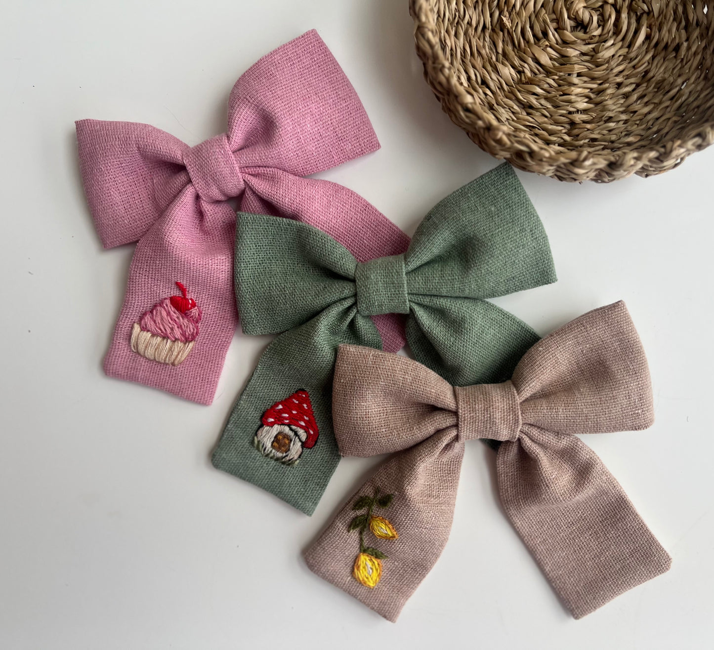 Hand Embroidered Linen Hair Bow - Cupcake, Mushroom, Lemon Designs 🚚 Free Shipping