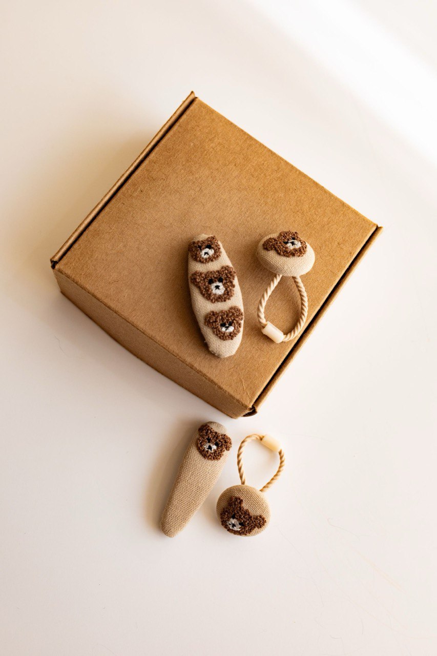 Embroidered Animal Hair Clips & Ties Set: Teddy Bear | Toddler Girl Accessories 🚚 Free Shipping