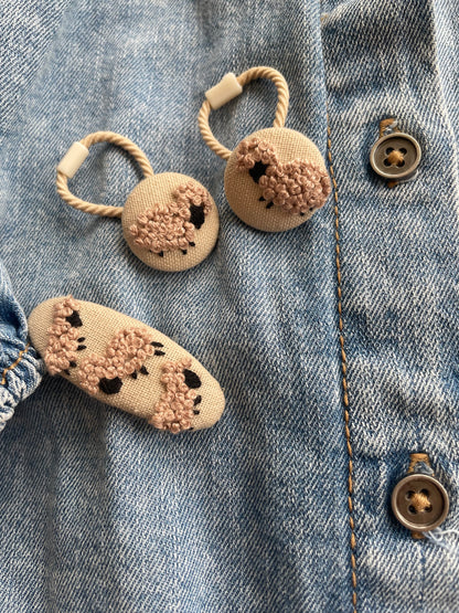 Embroidered Animal Hair Clips & Ties Set: Sheeps | Toddler Girl Accessories 🚚 Free Shipping from Ukraine🇺🇦