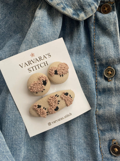 Embroidered Animal Hair Clips & Ties Set: Sheeps | Toddler Girl Accessories 🚚 Free Shipping from Ukraine🇺🇦