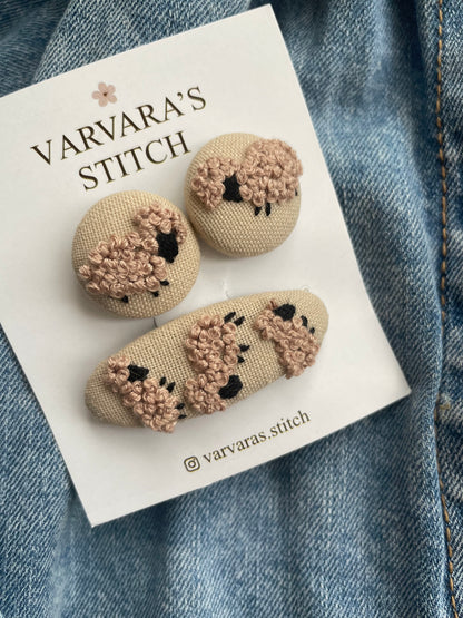 Embroidered Animal Hair Clips & Ties Set: Sheeps | Toddler Girl Accessories 🚚 Free Shipping from Ukraine🇺🇦