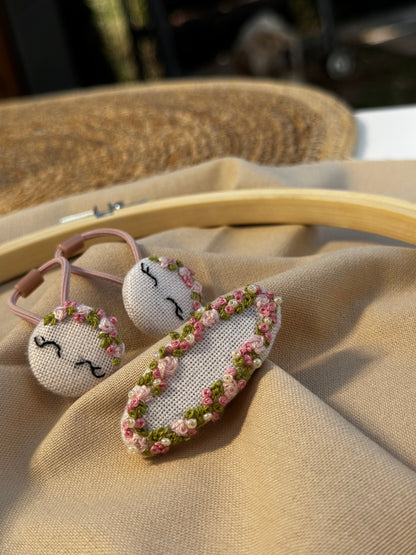 Floral Embroidered Linen Hair Tie & Clip Set 🚚 Free Shipping from Ukraine🇺🇦