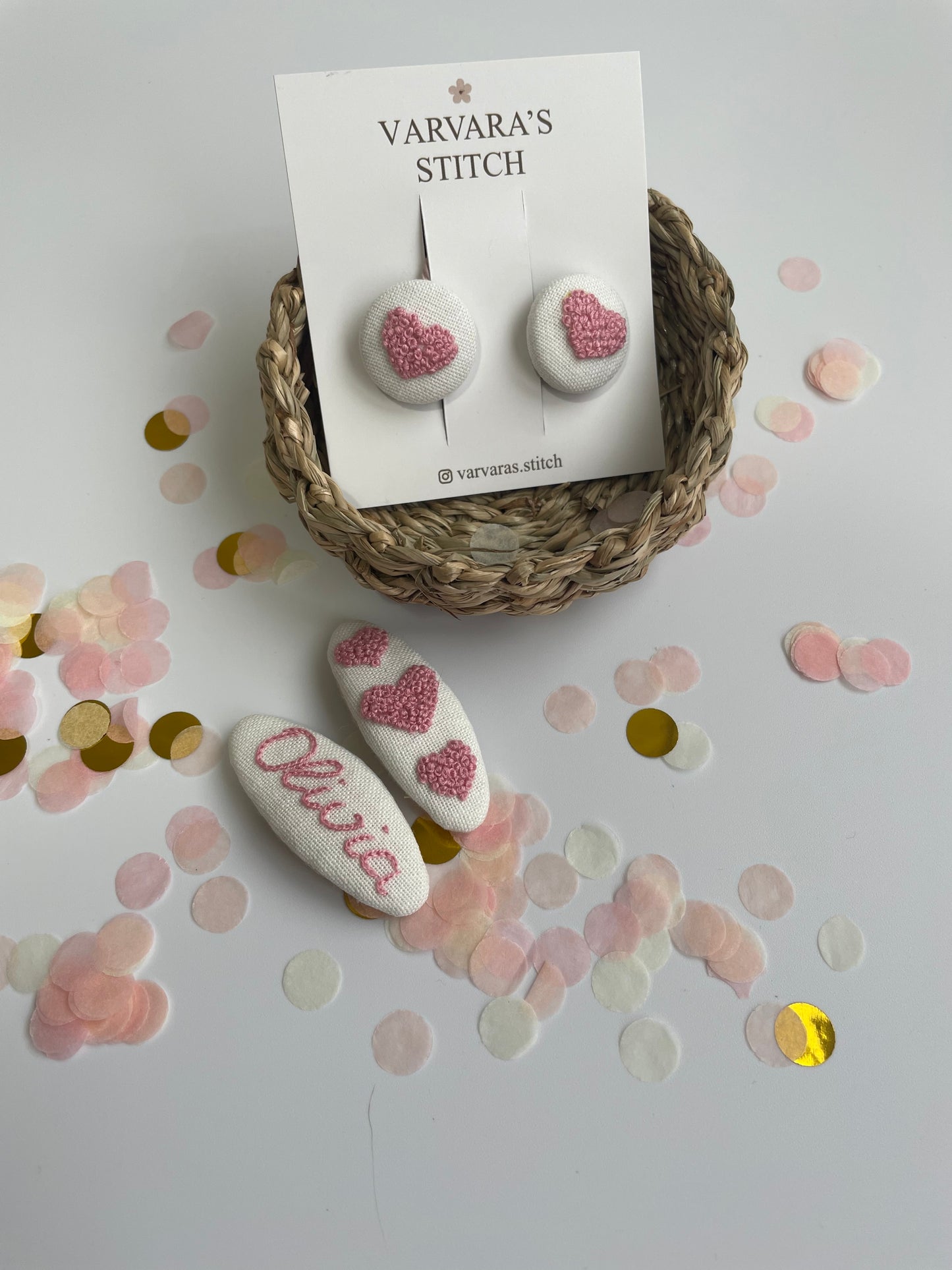 Personalized Embroidered Hair Accessories Set , Linen Hair Clips & Ties with Name, Baby Girl Gift 🚚 Free Shipping