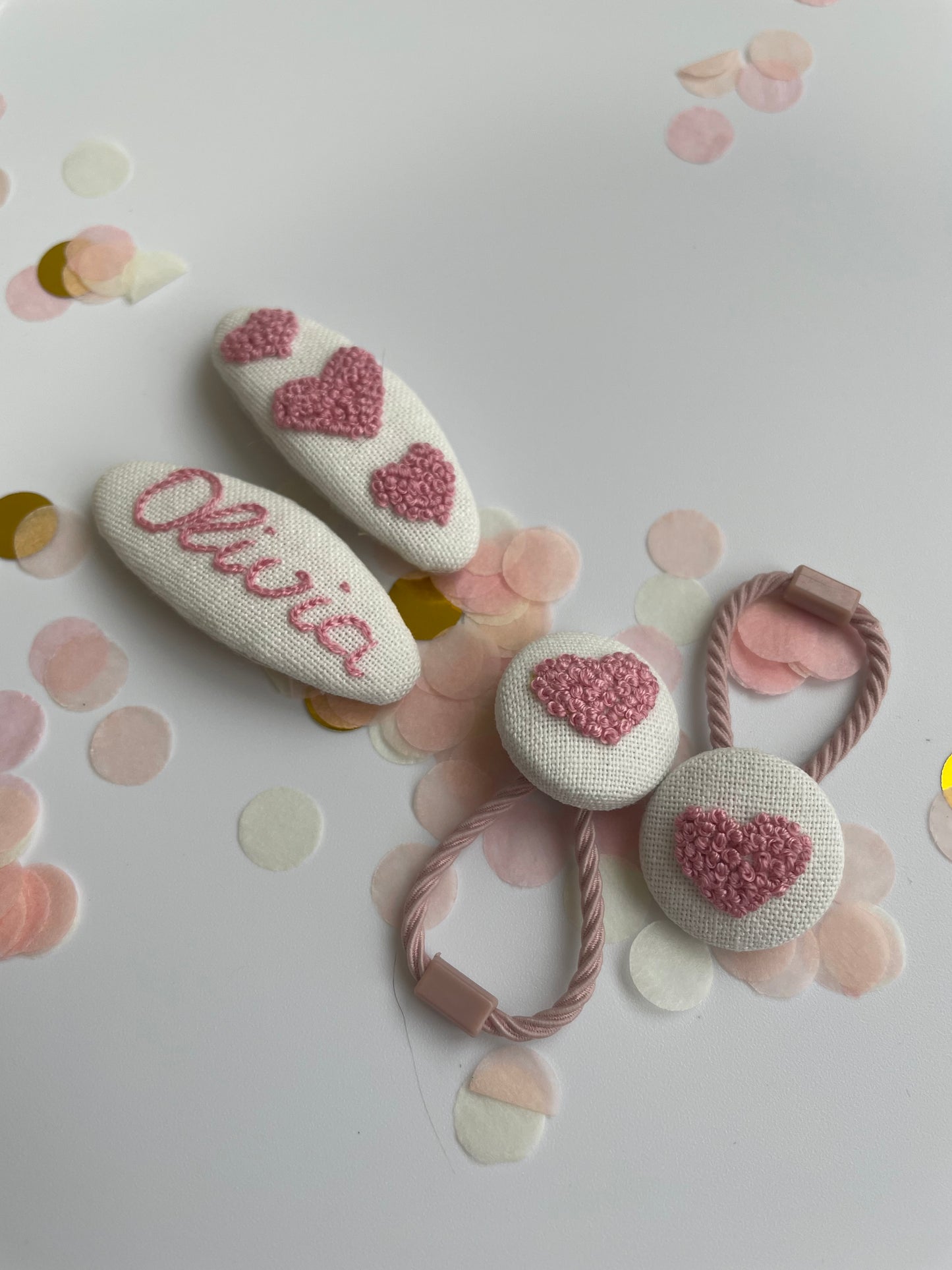 Personalized Embroidered Hair Accessories Set , Linen Hair Clips & Ties with Name, Baby Girl Gift 🚚 Free Shipping
