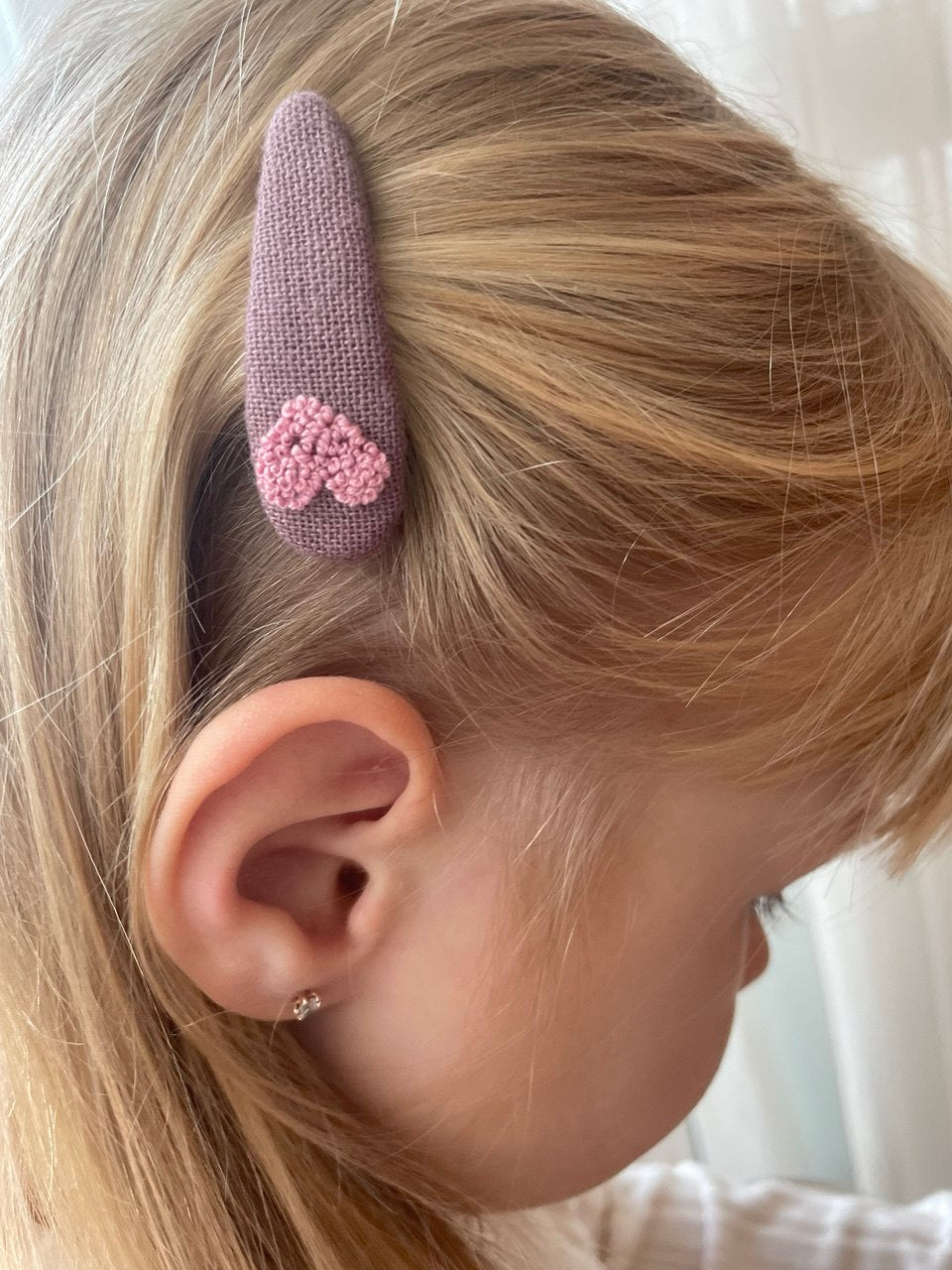 Pink Heart Embroidered Linen Hair Clip & Tie Set: Handmade Toddler Girl Gift 🚚 Free Shipping