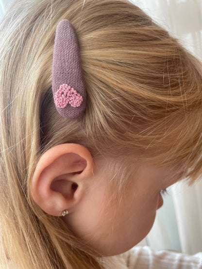 Pink Heart Embroidered Linen Hair Clip & Tie Set: Handmade Toddler Girl Gift 🚚 Free Shipping from Ukraine🇺🇦